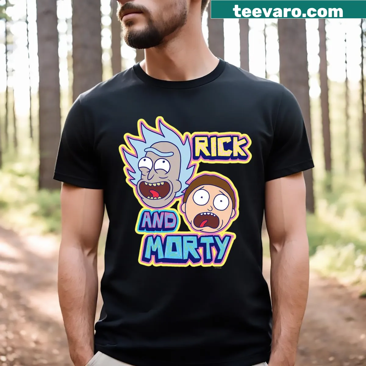 Graffiti-style Rick and Morty T-shirt with abstract designs and bold lettering — on a men's t-shirt
