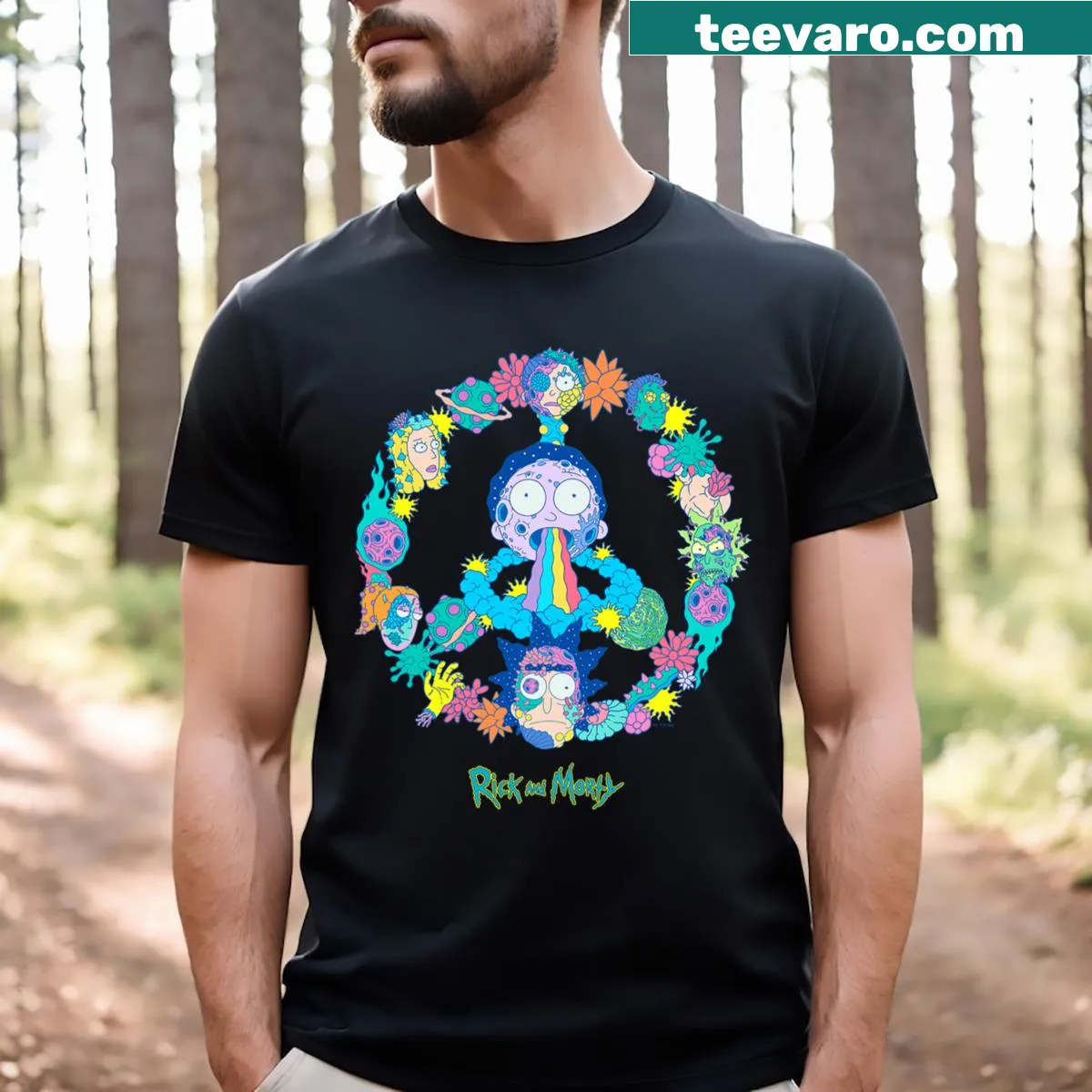 Cartoon T-shirt featuring a vivid alien with a peace sign from Rick and Morty — on a men's t-shirt