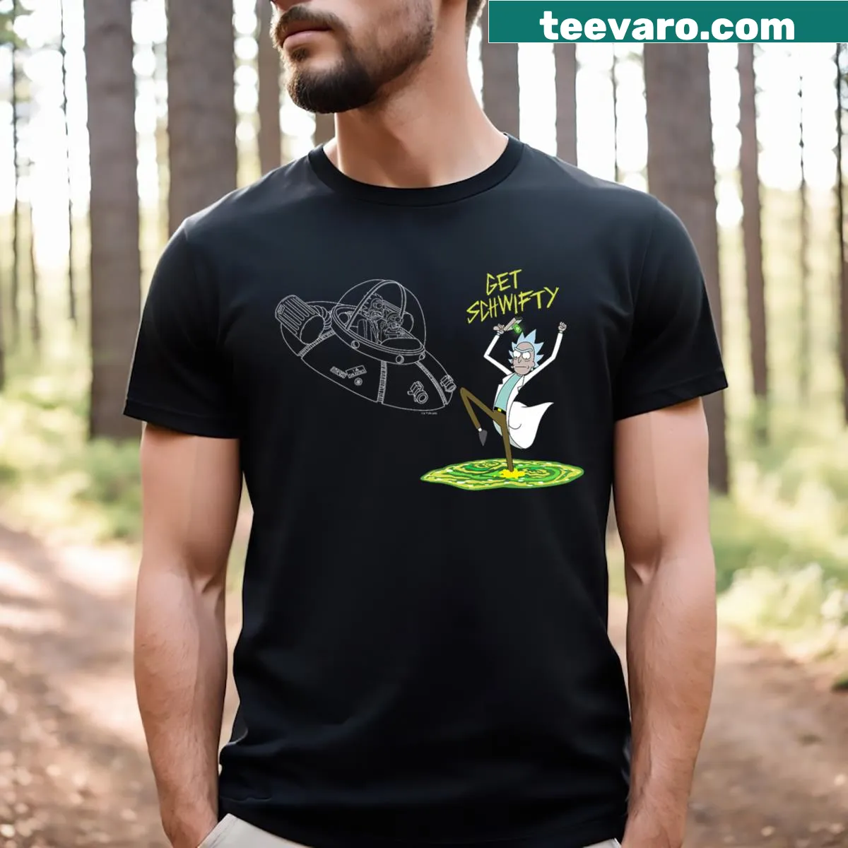 Cartoon T-shirt featuring Rick and Morty's portal and Get Schwifty phrase — on a men's t-shirt