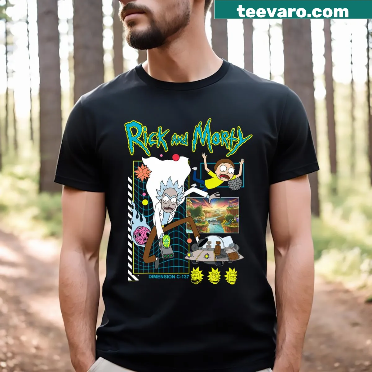 Cartoon T-shirt featuring a scene from Rick and Morty — on a men's t-shirt