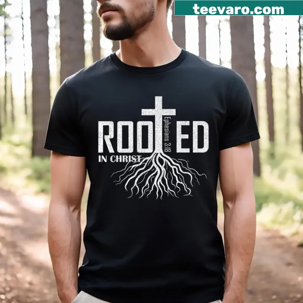 Christian t-shirt stating 'Rooted In Christ' in bold typography
