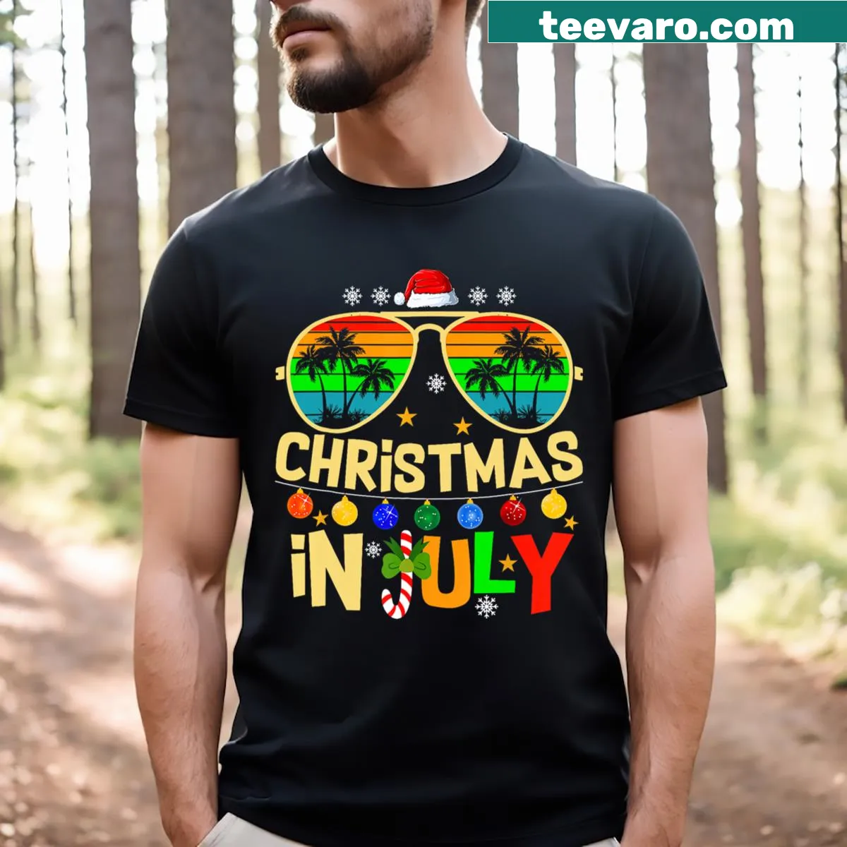 Santa Claus beach t-shirt with sunglasses and summer theme — on a men's t-shirt
