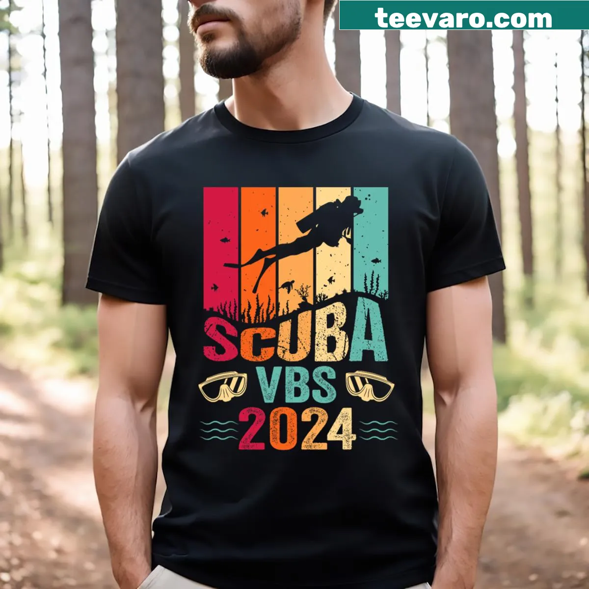 Vintage scuba diving T-shirt featuring aquatic imagery and VBS 2024 text — on a men's t-shirt