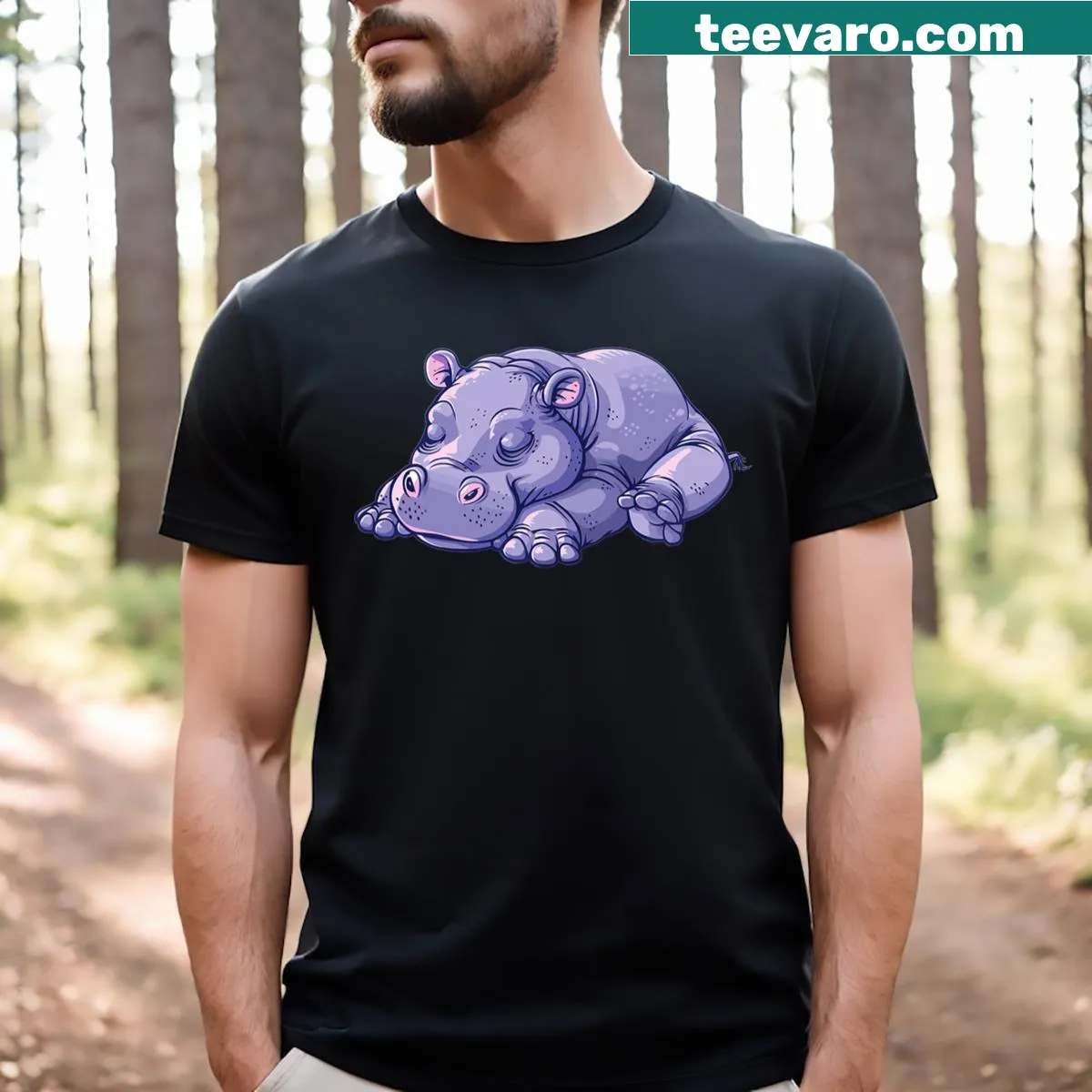 Cute kids T-shirt featuring a sleeping hippo illustration — on a men's t-shirt