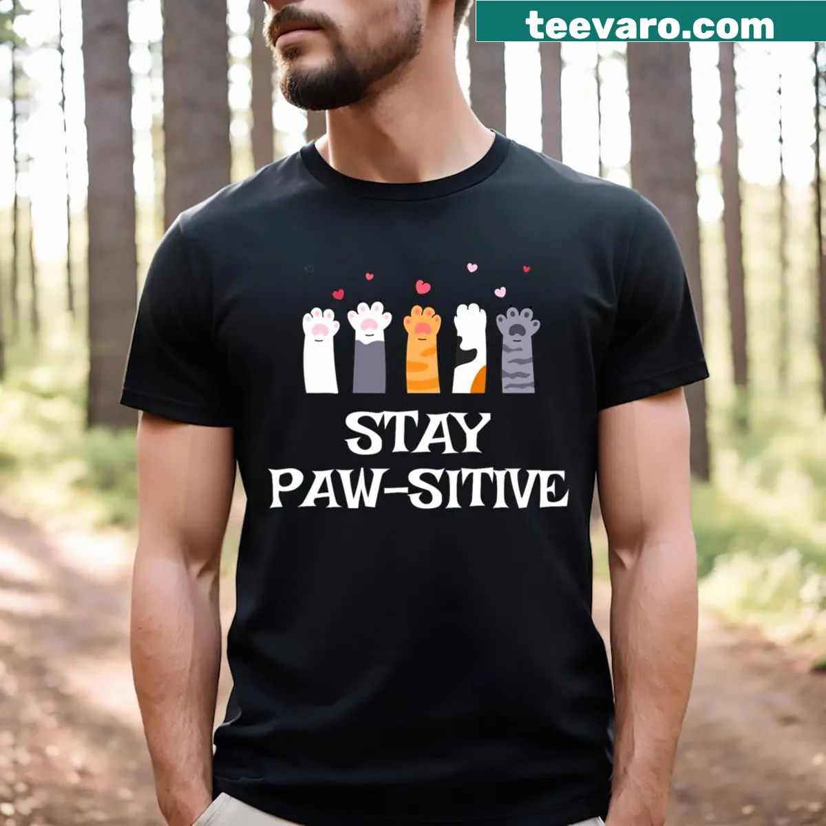 T-shirt with the phrase 'Stay Paw-sitive' and cute paw prints — on a men's t-shirt