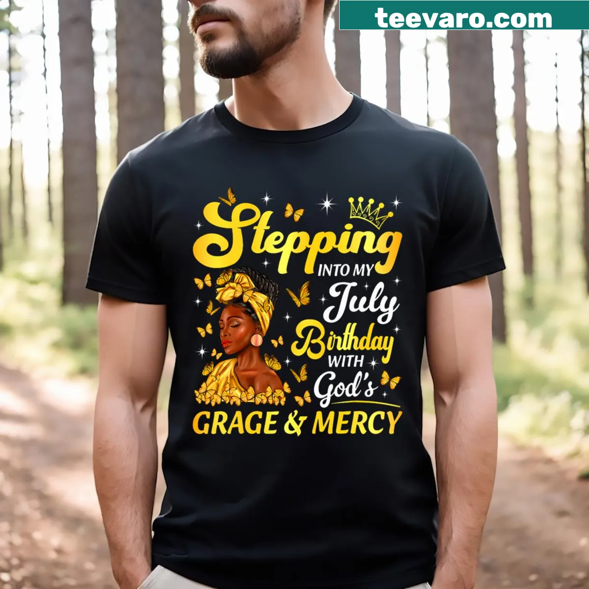 Afro woman with religious symbols design for July birthday — on a men's t-shirt
