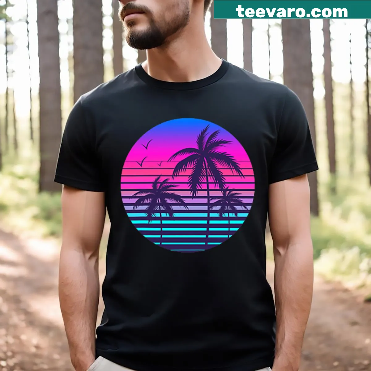 Retro T-shirt with palm trees and sunset design, perfect for summer — on a men's t-shirt