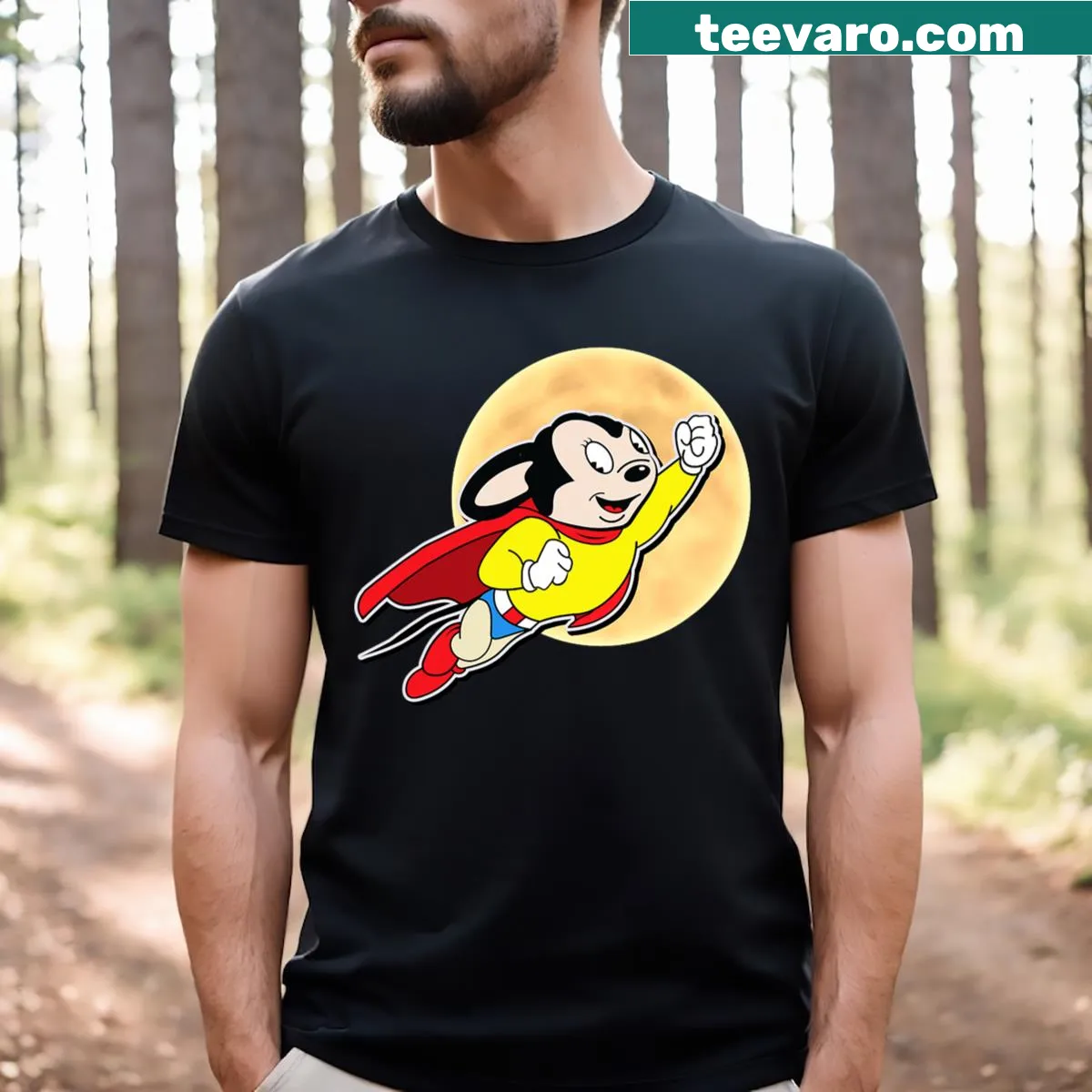 Cartoon superhero mouse flying past the moon graphic T-shirt — on a men's t-shirt