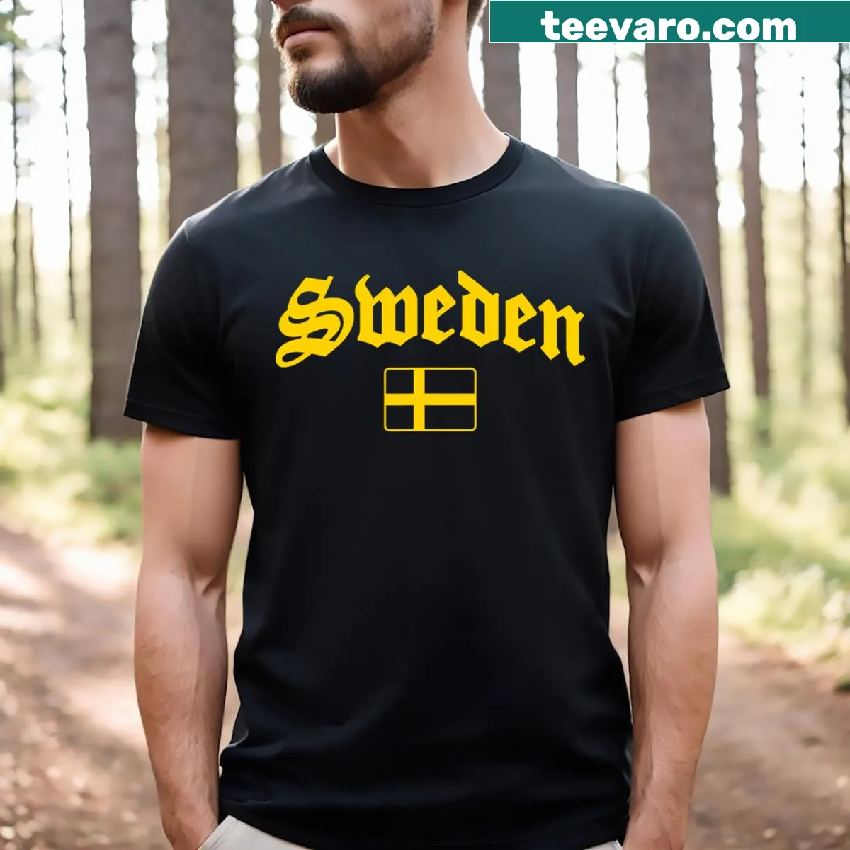 Cartoon t-shirt featuring the Swedish flag design — on a men's t-shirt