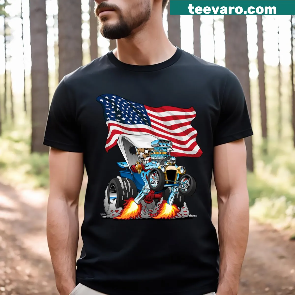 Cartoon hotrod t-shirt featuring T Bucket style and USA flag — on a men's t-shirt