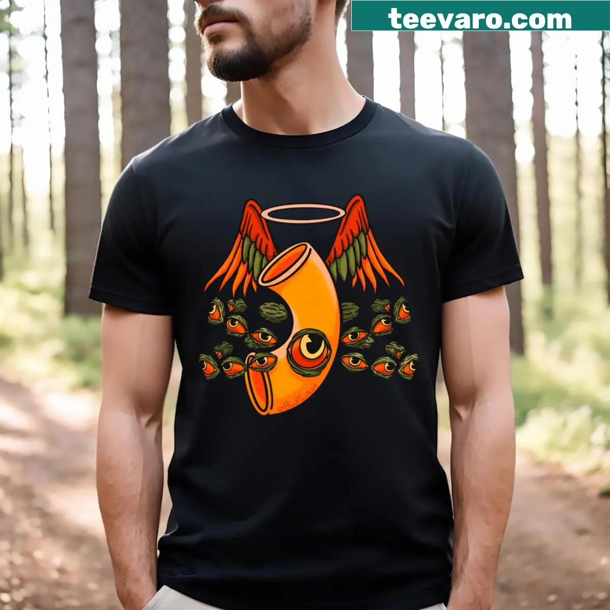 Funny typography t-shirt featuring 'The Almighty Holy Macaroni' text — on a men's t-shirt