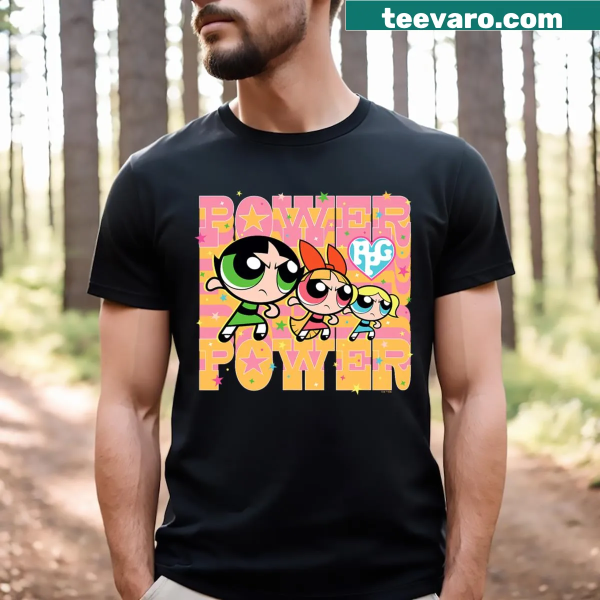 Powerpuff Girls cartoon group shot design on a t-shirt — on a men's t-shirt