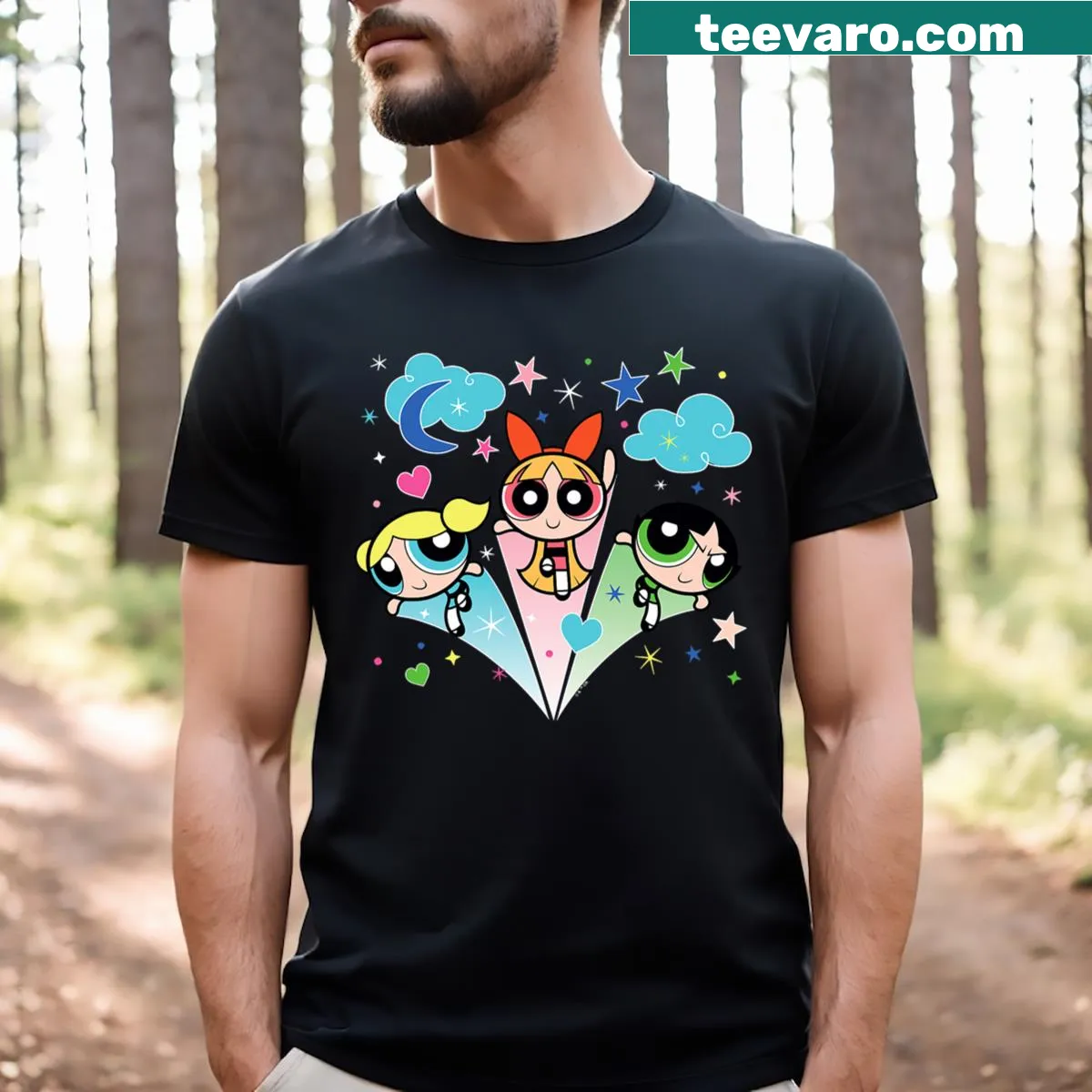 T-shirt showcasing Powerpuff Girls in action from a sky view — on a men's t-shirt