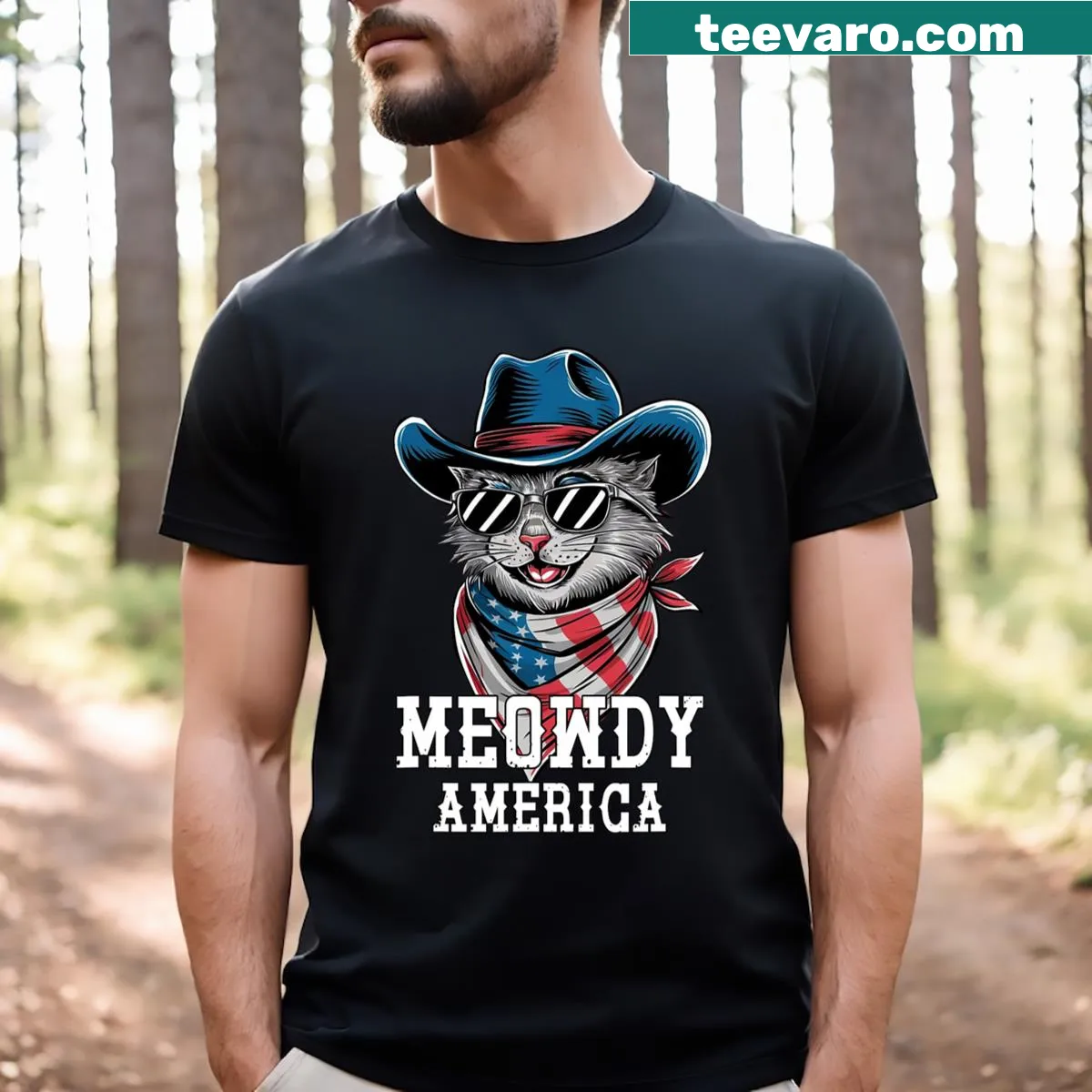 Funny cat wearing sunglasses in a patriotic 4th of July design — on a men's t-shirt