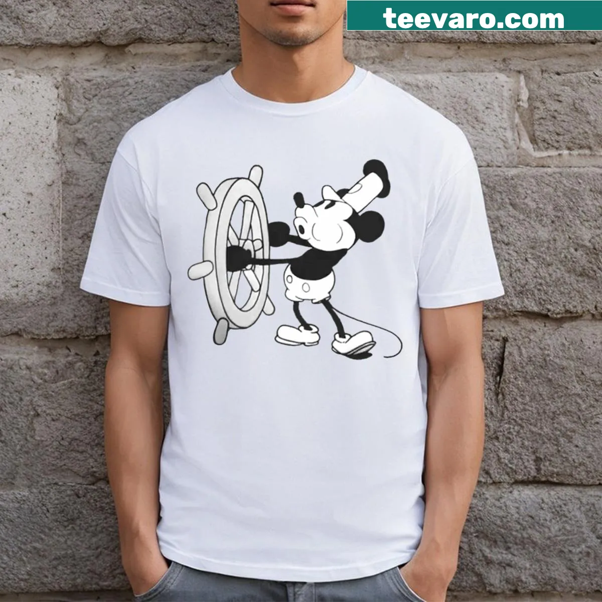 Vintage cartoon T-shirt featuring mouse sailor at the steering wheel. — on a men's t-shirt