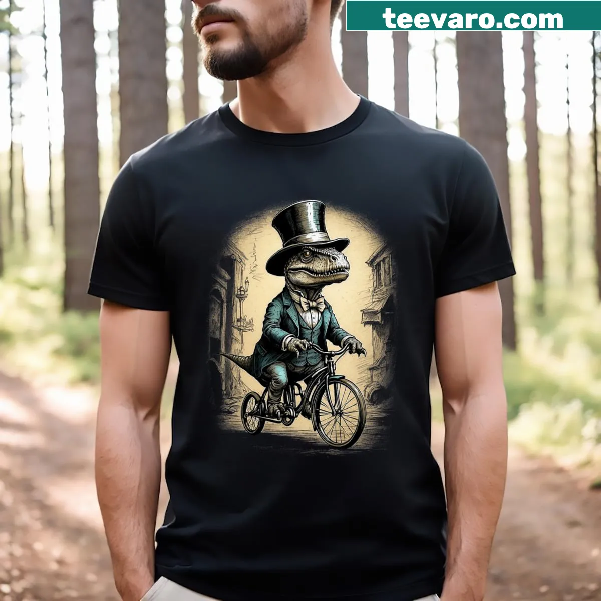 Funny T-Rex riding a bike cartoon T-shirt — on a men's t-shirt