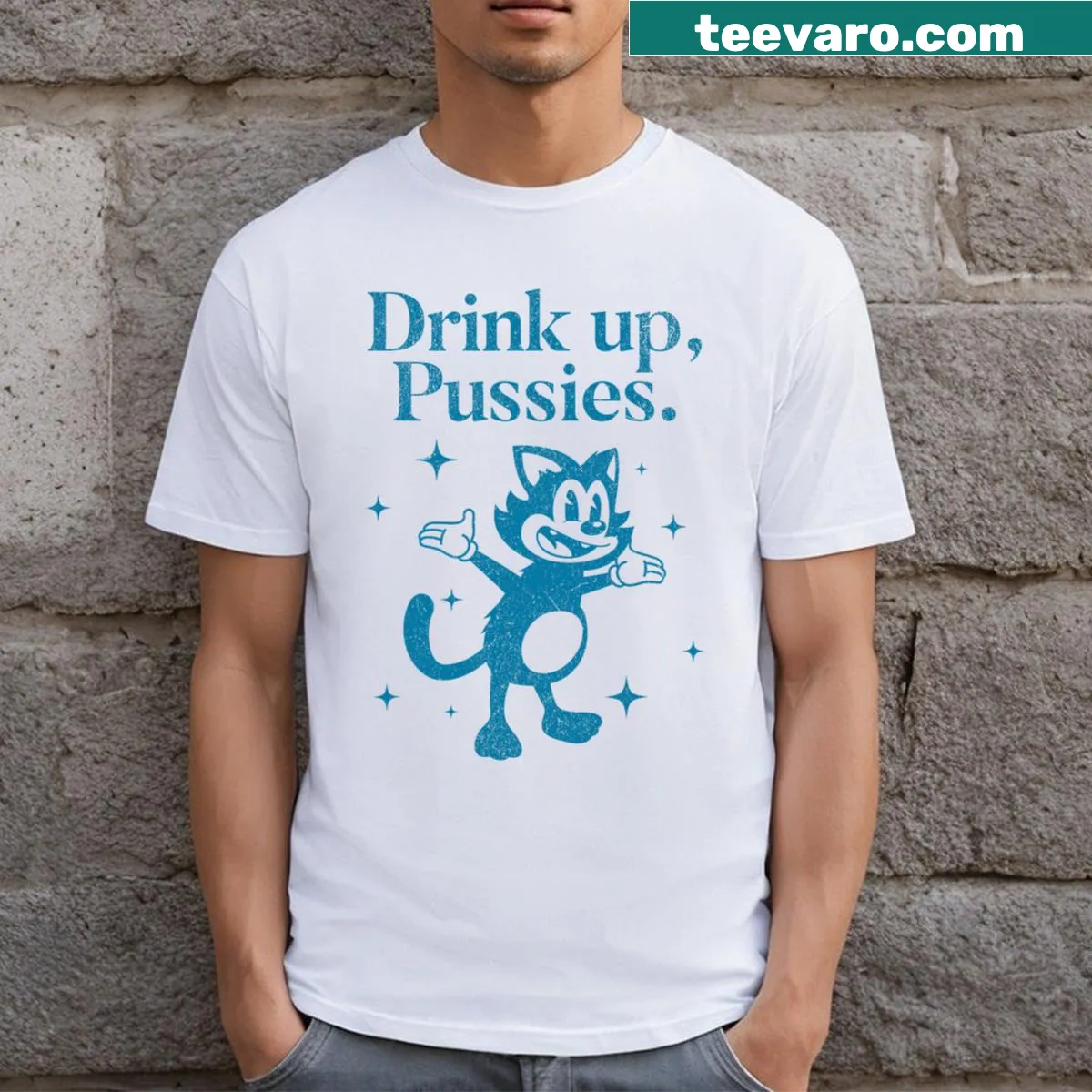 Funny retro drinking t-shirt with cartoon cat graphic and playful text — on a men's t-shirt