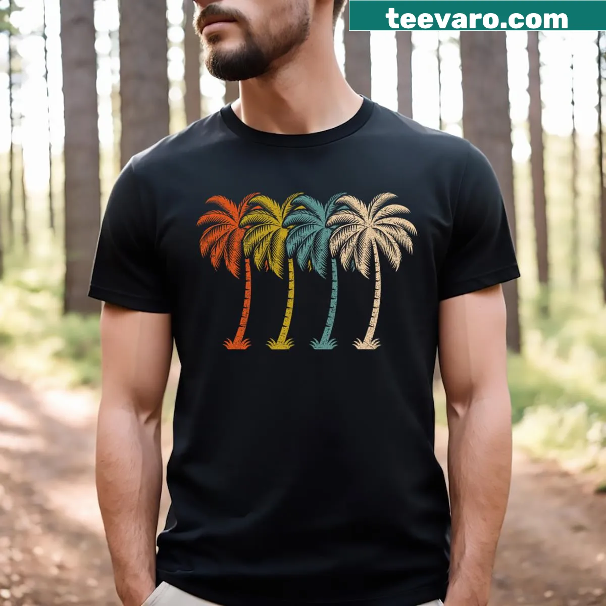 Retro summer t-shirt featuring a cheerful palm tree design — on a men's t-shirt