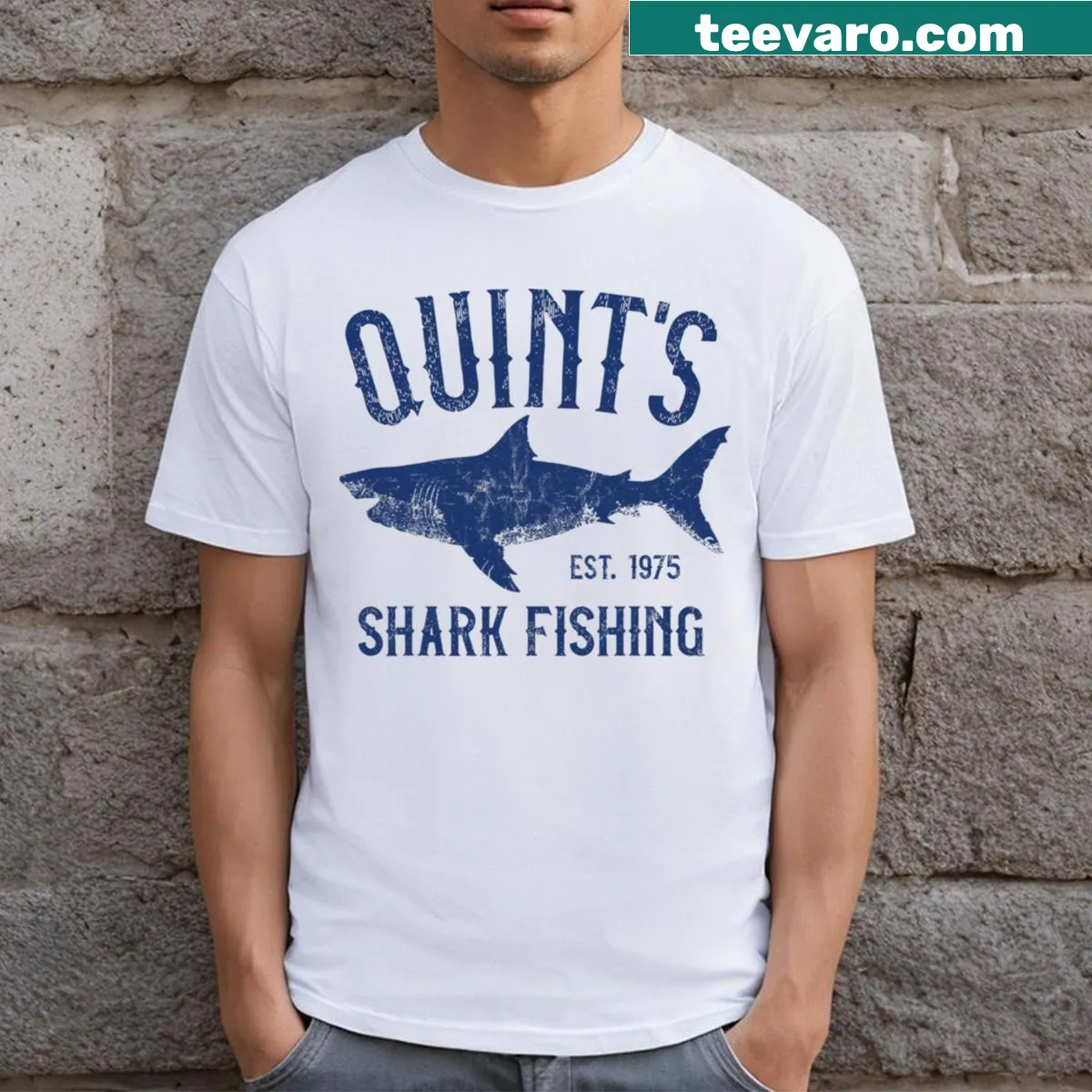 Retro T-shirt with a shark fishing graphic from 1975 — on a men's t-shirt