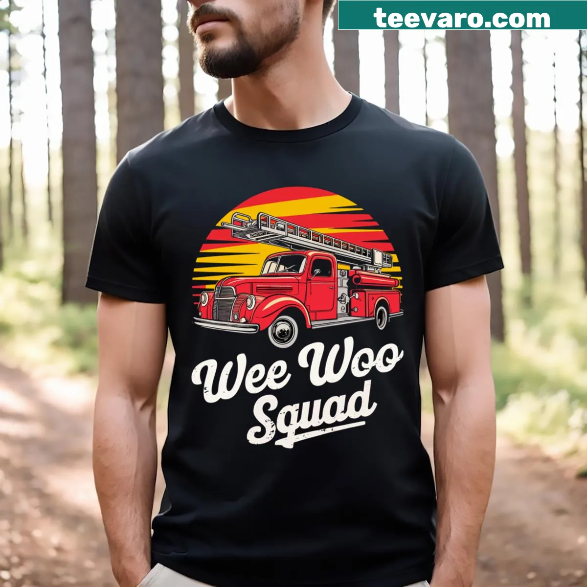 Vintage fire truck illustration on a firefighter-themed t-shirt. — on a men's t-shirt