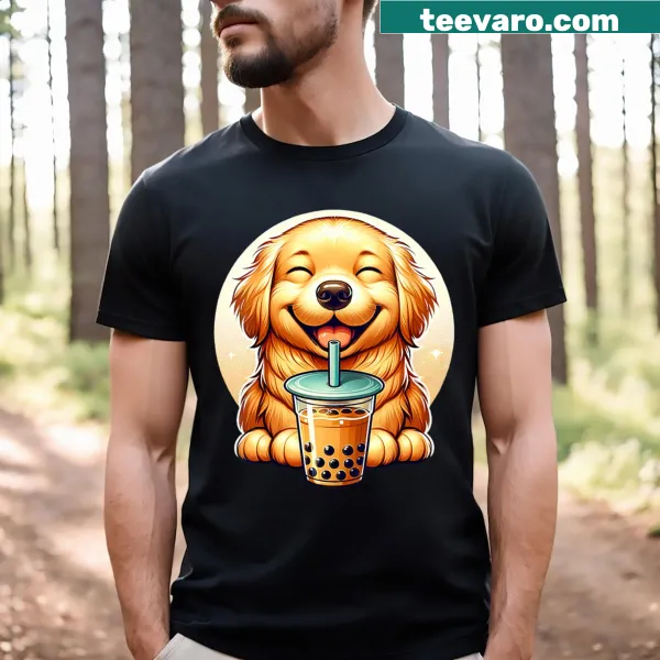 Cute Golden Retriever drinking bubble tea on a V-neck T-shirt