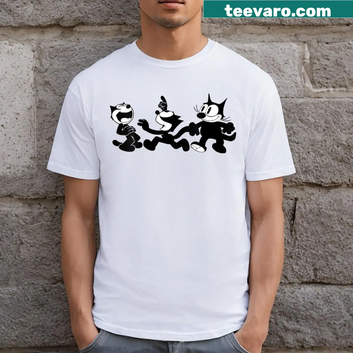 Vintage Felix Cat cartoon graphic on a V-neck T-shirt — on a men's t-shirt