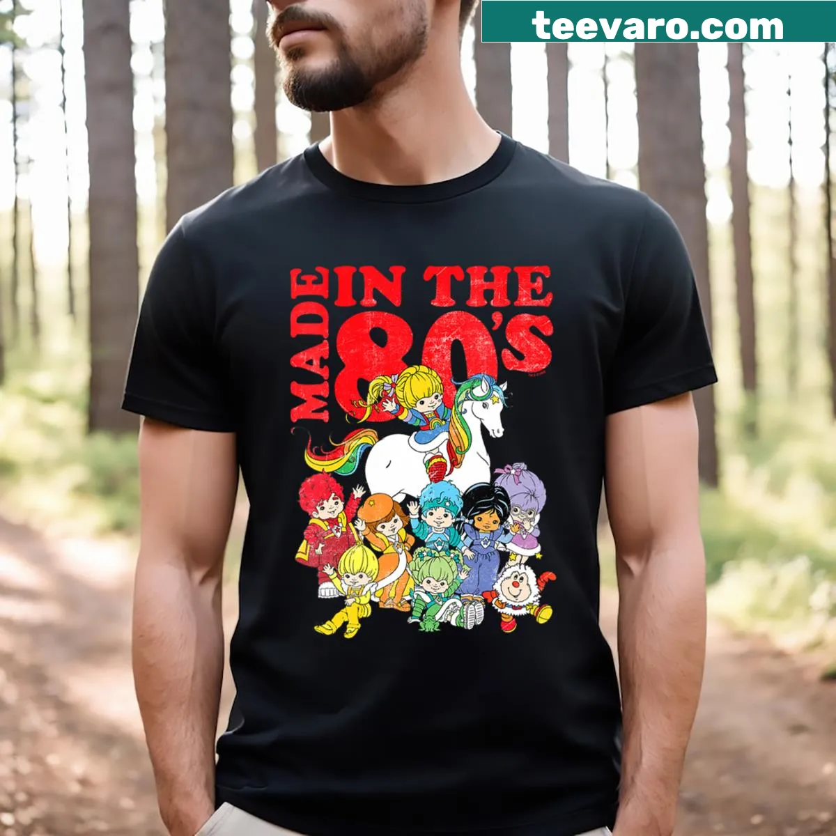 Distressed Rainbow Brite group shot graphic on a V-neck T-shirt — on a men's t-shirt