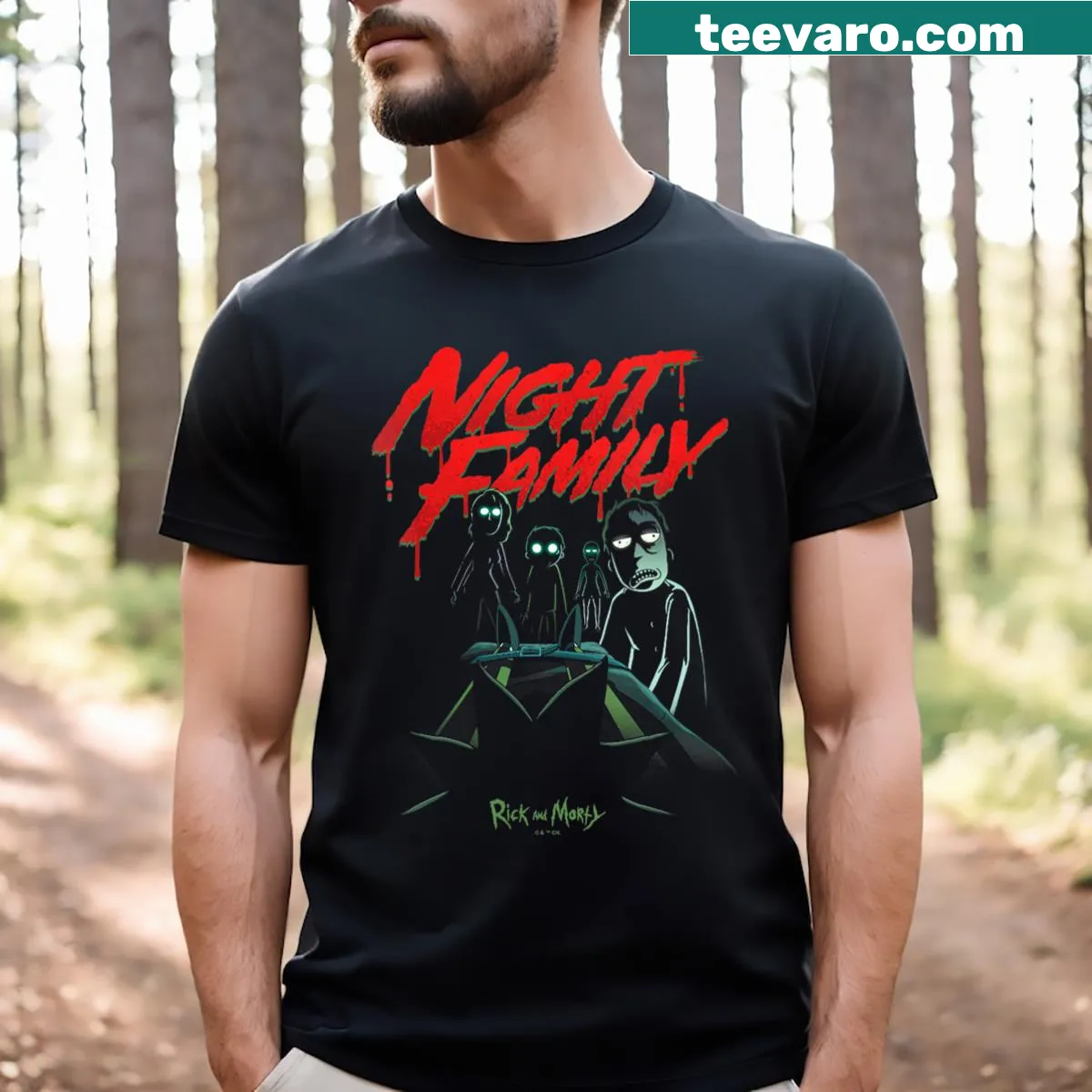 Retro horror movie-style t-shirt featuring Rick and Morty characters. — on a men's t-shirt