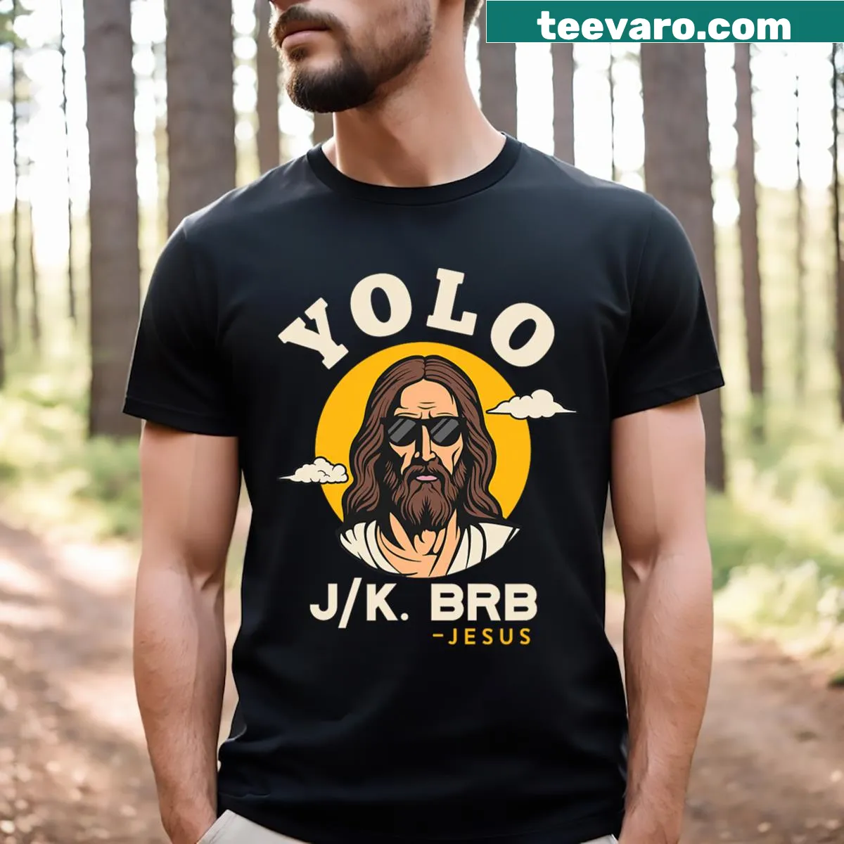 Funny Easter T-shirt with 'Yolo Jk Brb Jesus' text — on a men's t-shirt