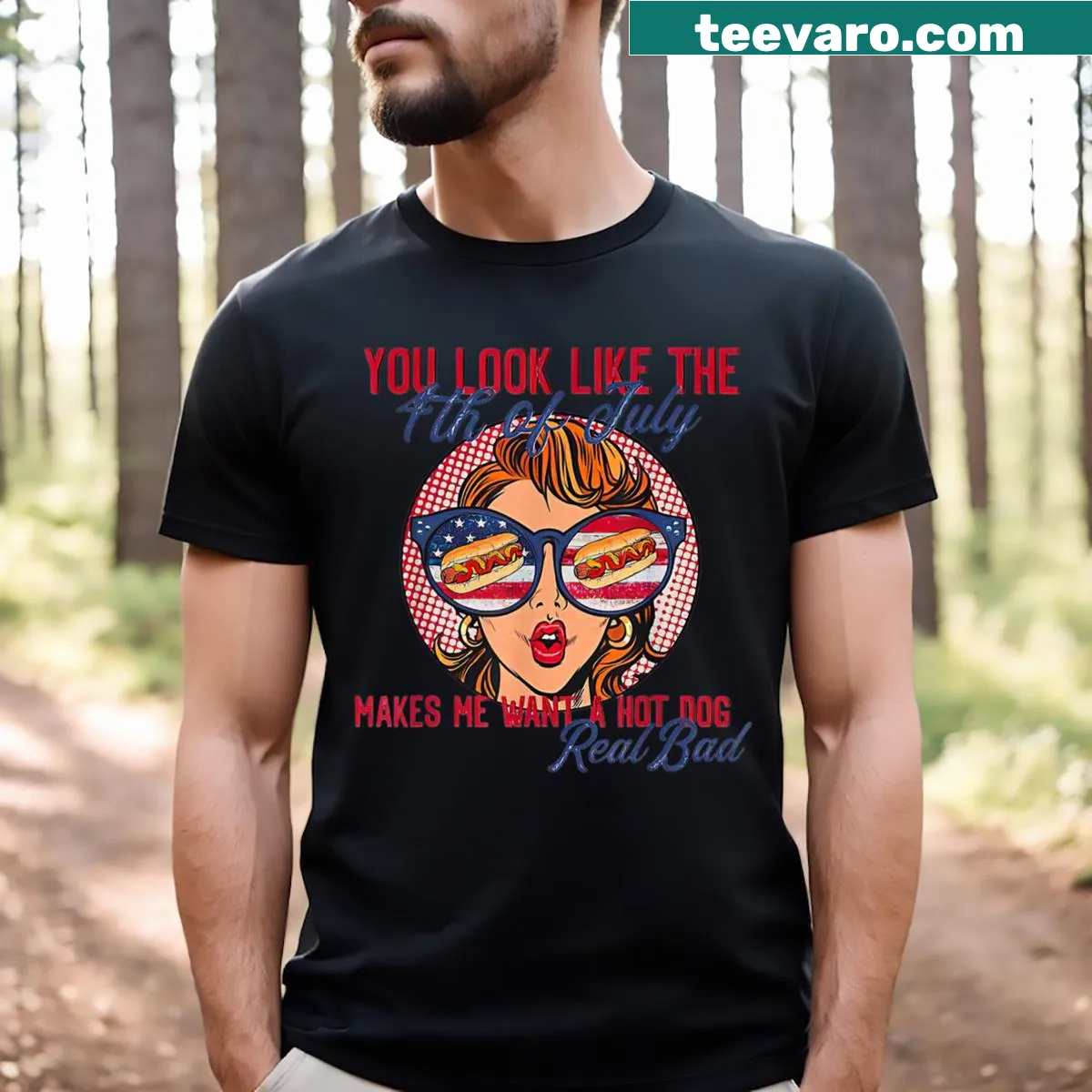 Funny 4th of July t-shirt with a hotdog reference — on a men's t-shirt