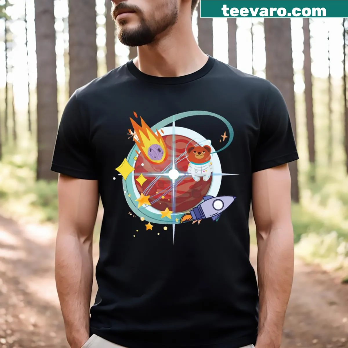 Space-themed T-shirt featuring stars and adventure illustration — on a men's t-shirt