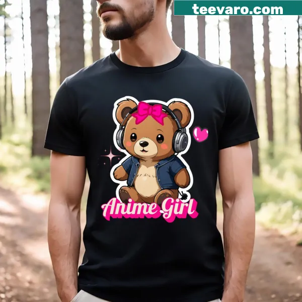 Anime-style T-shirt featuring a girl gamer with an adorable bear graphic.