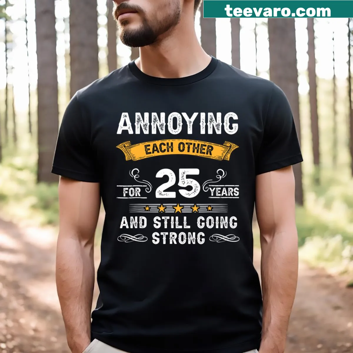 Humorous 25th anniversary graphic on a couple's t-shirt — on a men's t-shirt