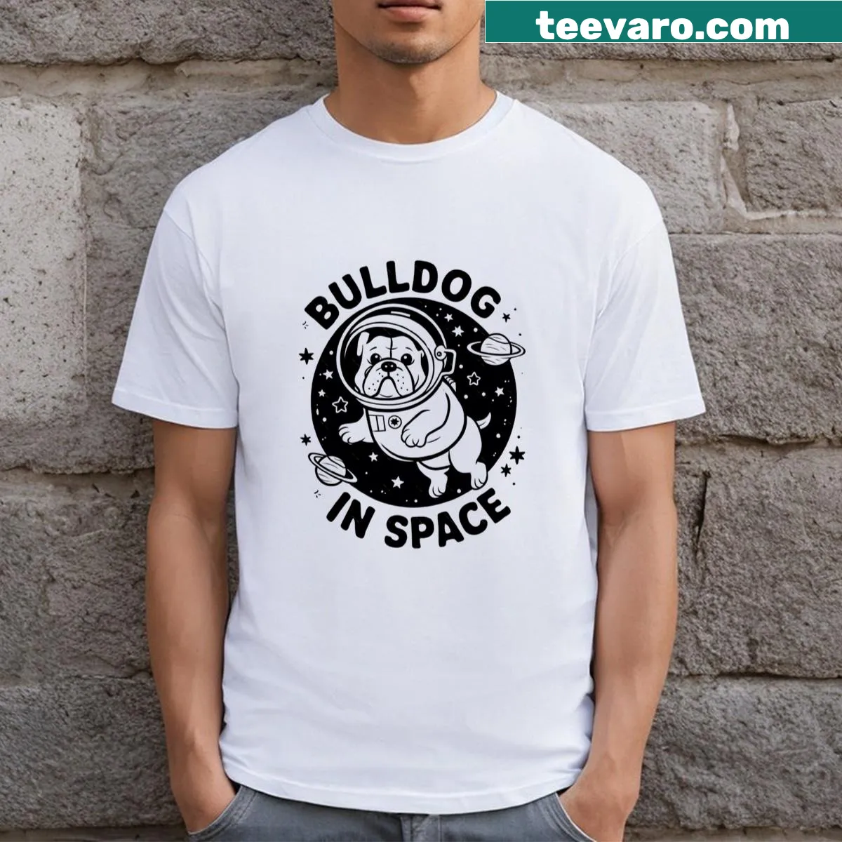 T-shirt featuring a bulldog in a spacesuit for a playful space theme — on a men's t-shirt