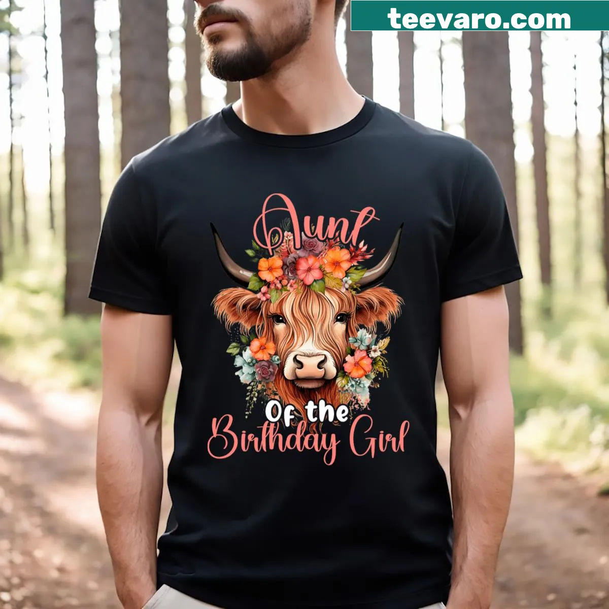Cartoon of a highland cow with a birthday hat for a birthday aunt — on a men's t-shirt