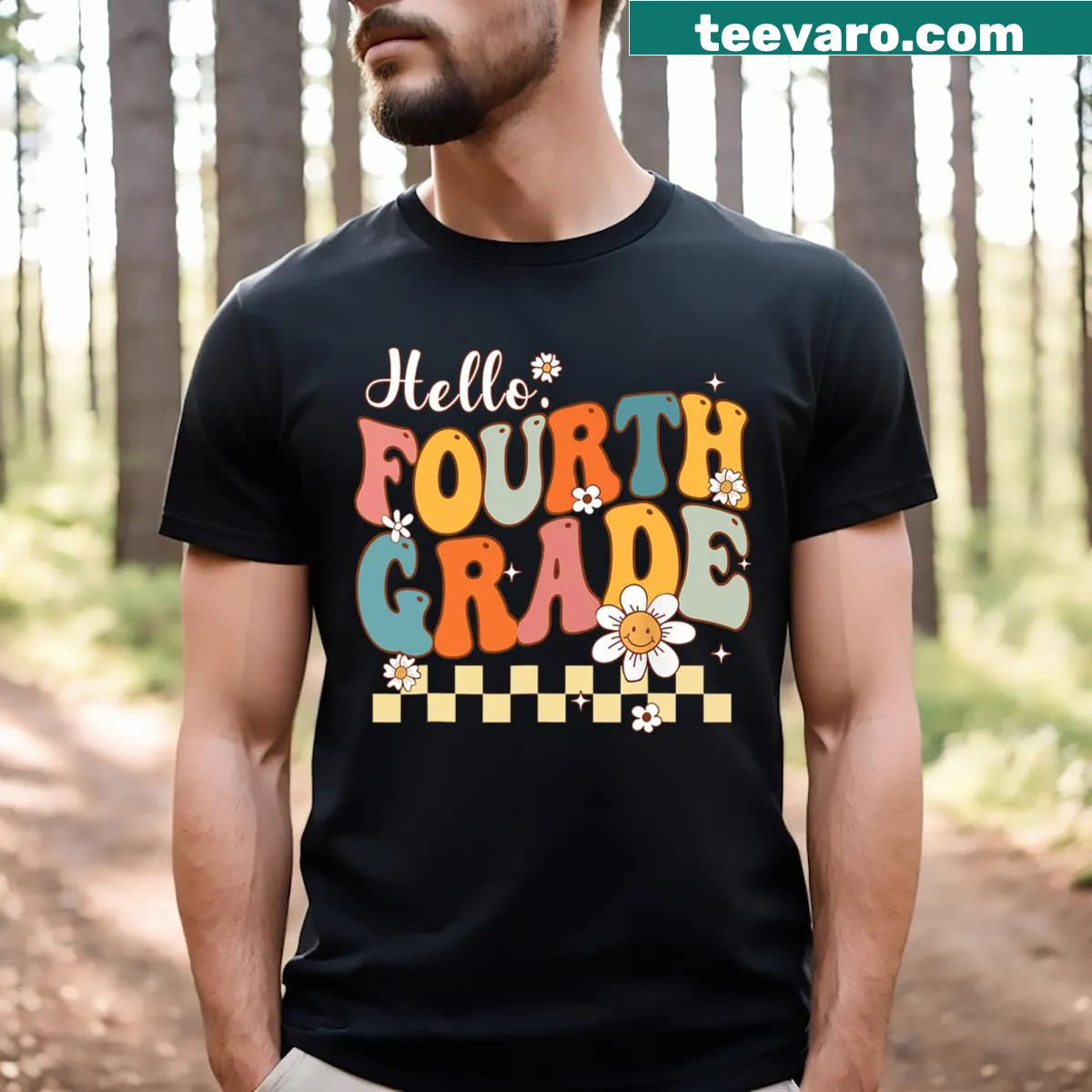 T-shirt with a friendly greeting for fourth grade teachers and students — on a men's t-shirt