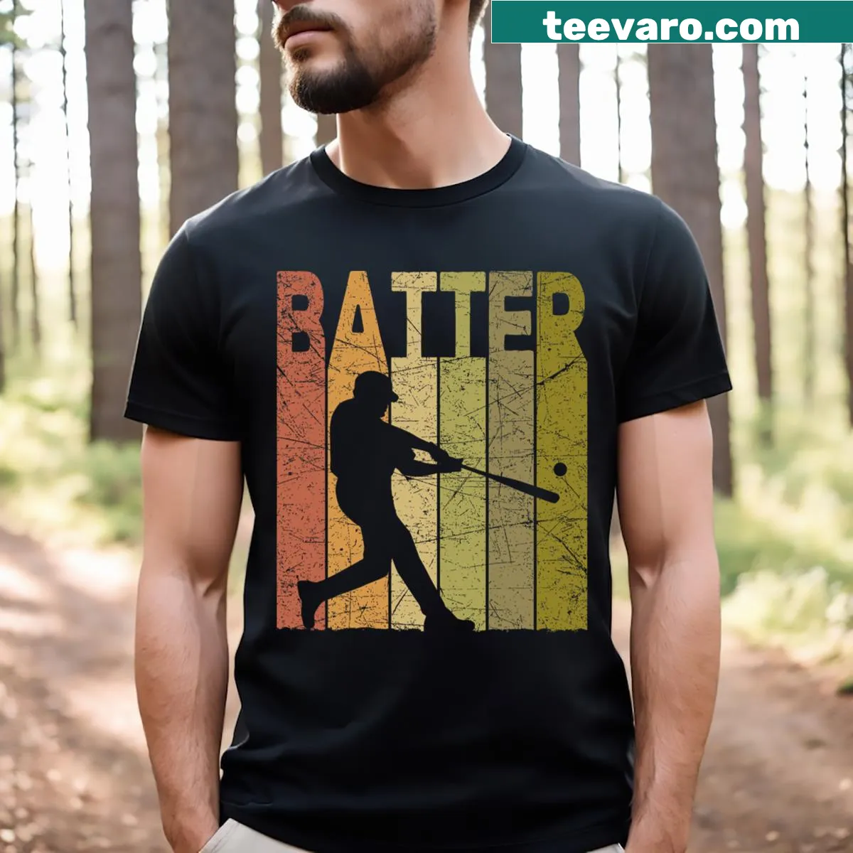 Vintage-style T-shirt featuring a classic baseball batter graphic — on a men's t-shirt