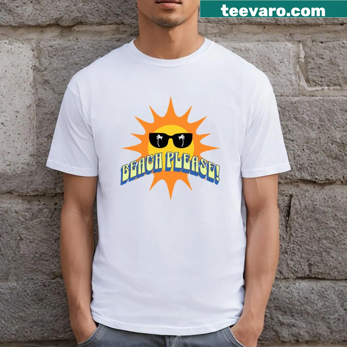 Cheeky 'Beach Please!' summer-themed t-shirt with cartoon design — on a men's t-shirt