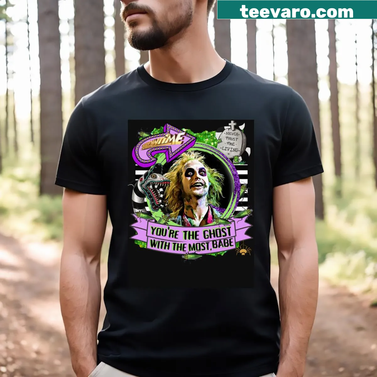 Edgy Beetlejuice t-shirt with 'You're the Ghost!' text design — on a men's t-shirt