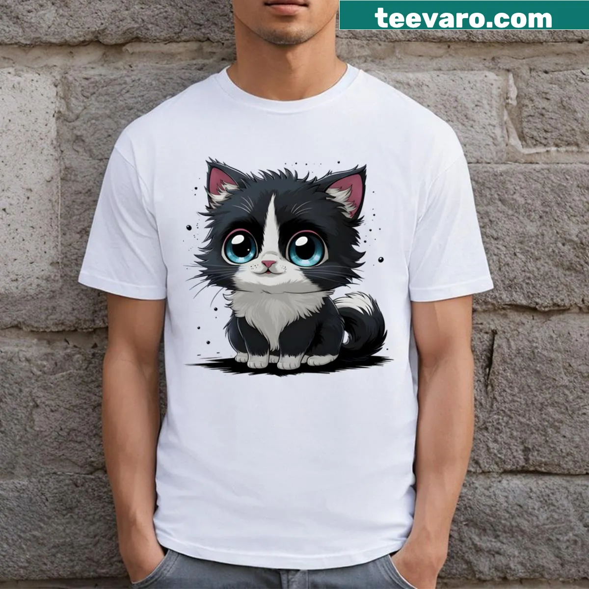 Chibi-style cartoon cat t-shirt with fluffy fur design — on a men's t-shirt