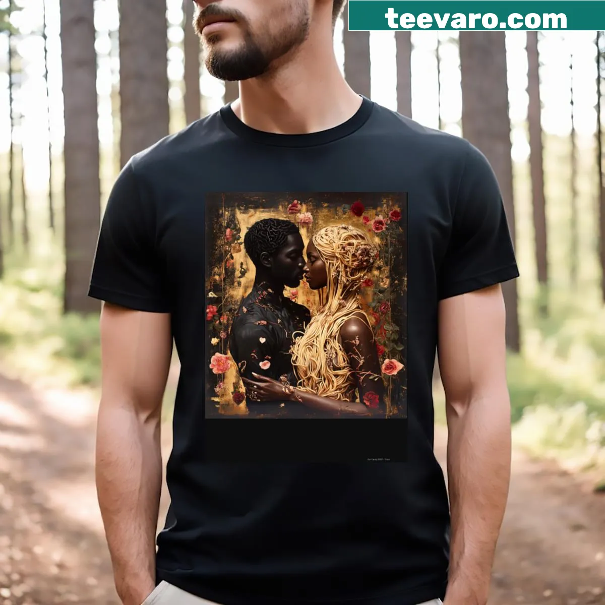 Funny T-shirt featuring black spaghetti illustration and noodle theme — on a men's t-shirt