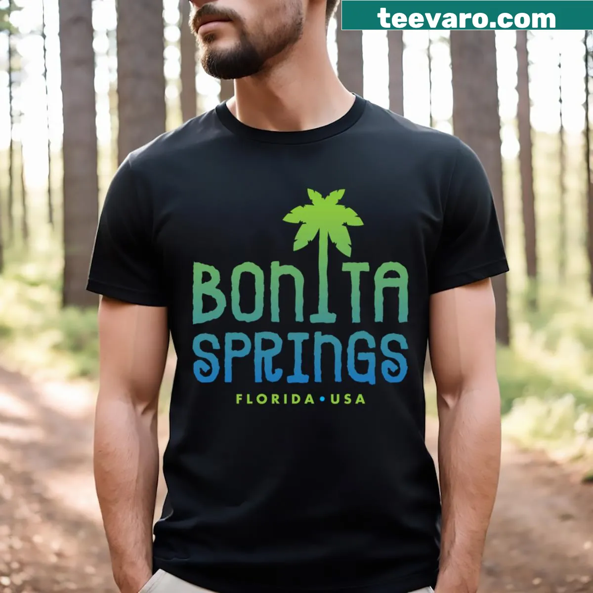Typographic palm tree design t-shirt for Bonita Springs — on a men's t-shirt