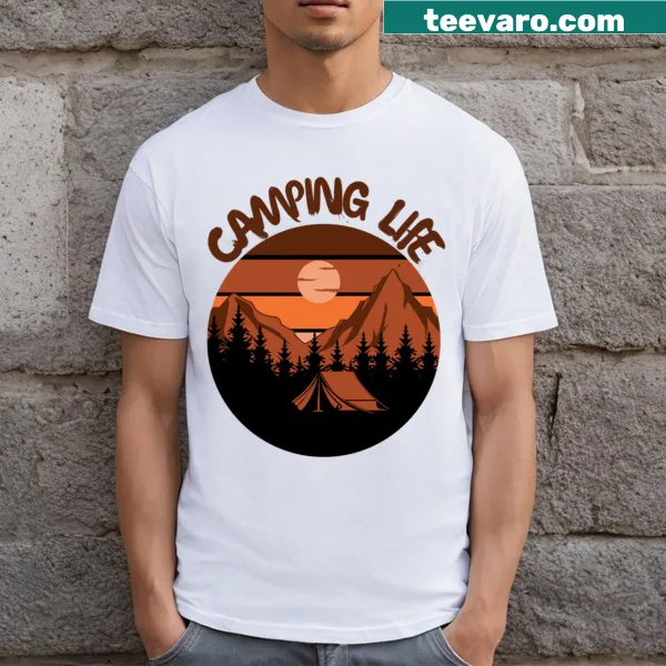 Wholesome Camping Life T-shirt featuring outdoor adventure illustration