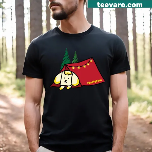 Cute illustration of Puff the dog enjoying camping on a t-shirt