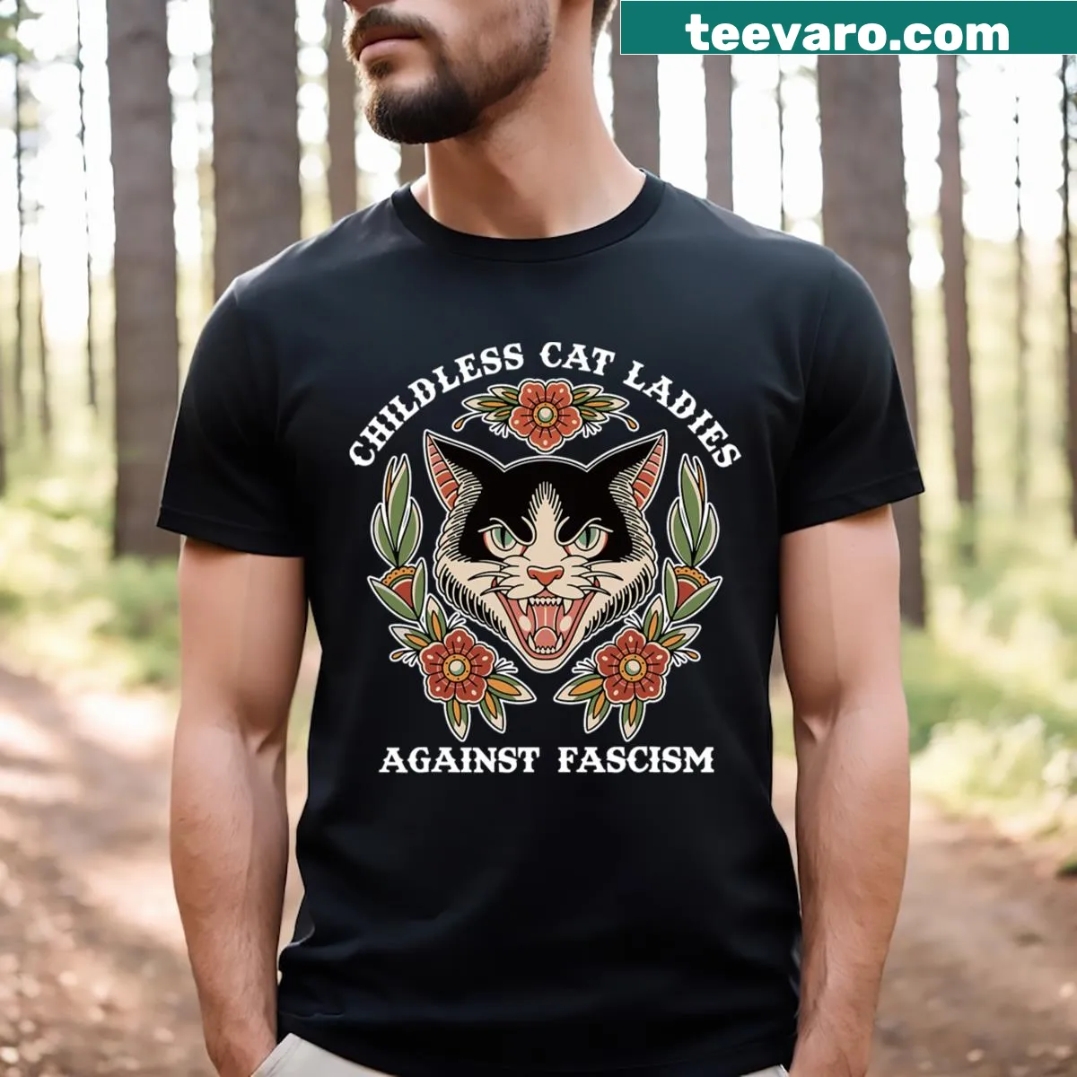 Funny feminist T-shirt featuring a humorous anti-fascism slogan and cat design. — on a men's t-shirt