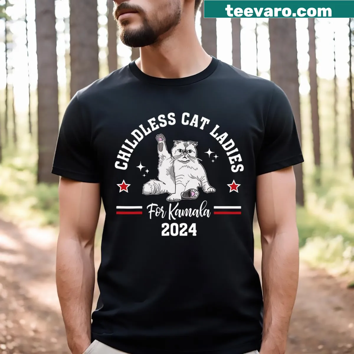 Funny political T-shirt featuring a slogan in support of Kamala Harris and cats. — on a men's t-shirt
