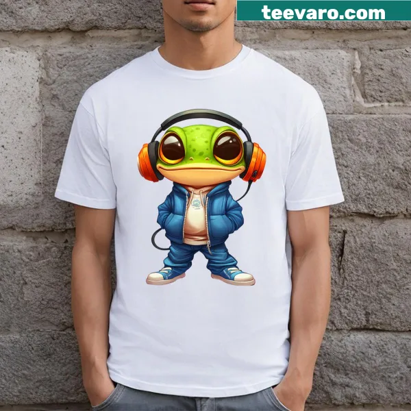 Cartoon frog graphic on a relaxed T-shirt