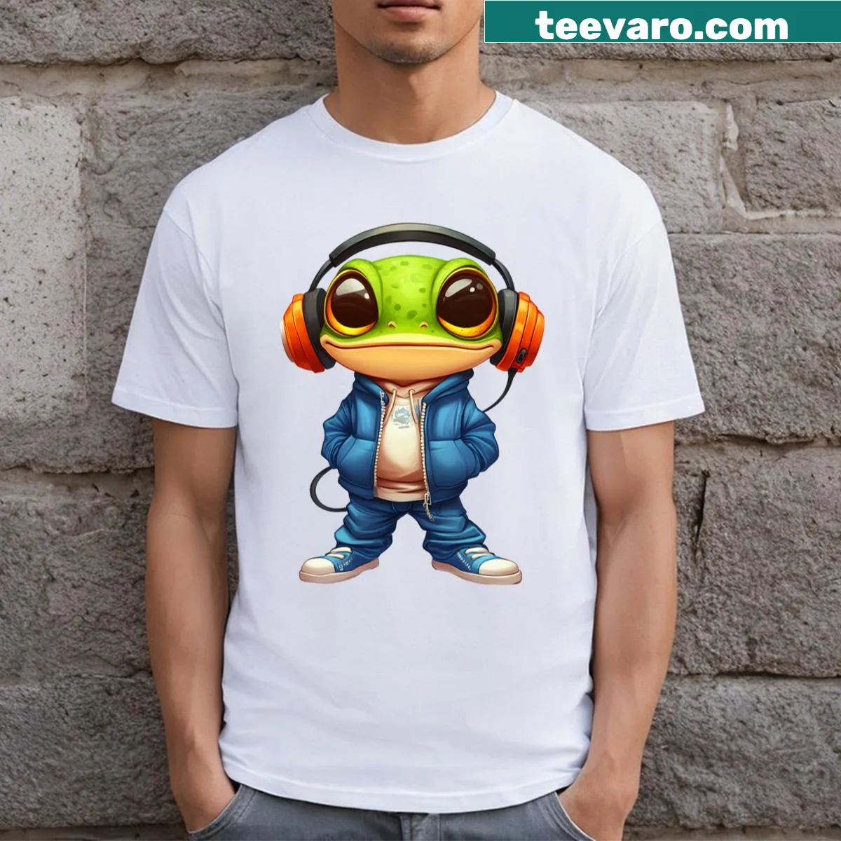 Cartoon frog graphic on a relaxed T-shirt — on a men's t-shirt