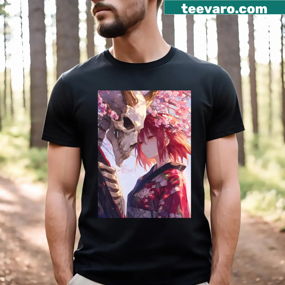 Anime T-shirt featuring Chise and Elias in a Sakura moment — on a men's t-shirt