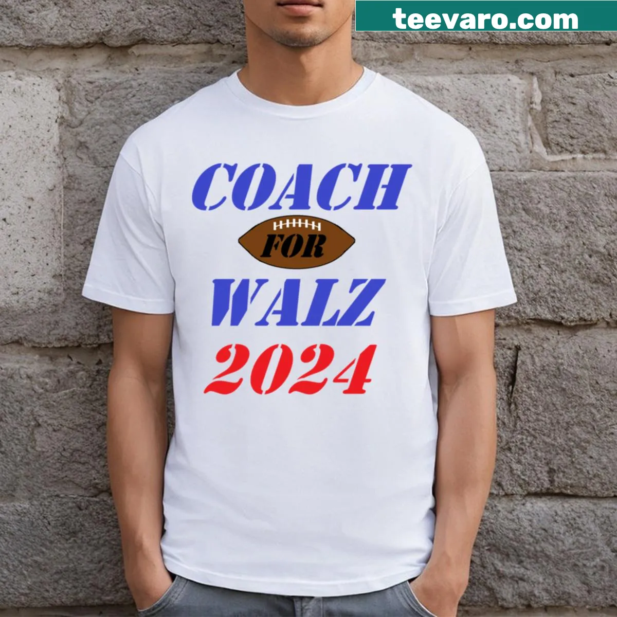 Inspirational 'Coach For Walz 2024' text graphic T-shirt — on a men's t-shirt